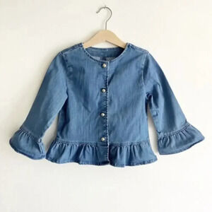 Janie and Jack Girls Blue Long Sleeve Button Front Ruffle Trim Top Size 3/4